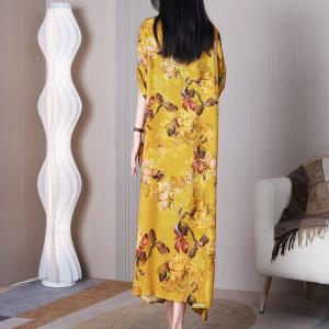 Yellow Flowers Flowy Maxi Dress Silky Elegant Dress