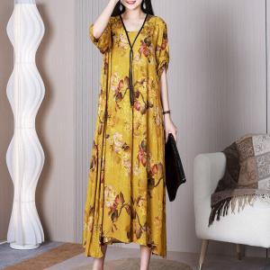 Yellow Flowers Flowy Maxi Dress Silky Elegant Dress