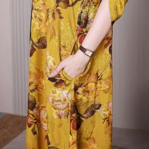 Yellow Flowers Flowy Maxi Dress Silky Elegant Dress