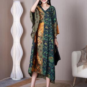 Flowers and Leaf Flouncing Dress Bat Sleeves Cruise Dress