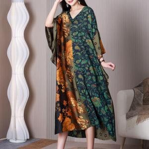 Flowers and Leaf Flouncing Dress Bat Sleeves Cruise Dress