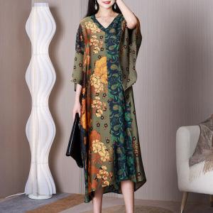 Flowers and Leaf Flouncing Dress Bat Sleeves Cruise Dress