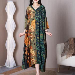 Flowers and Leaf Flouncing Dress Bat Sleeves Cruise Dress