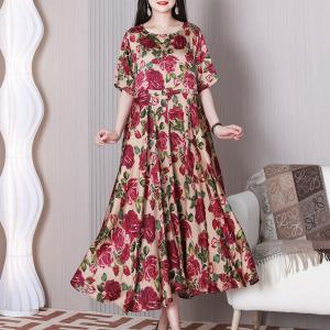 High Waist Flowers Swing Dress Silky A-Line Hippie Muumuu