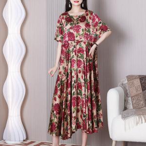 High Waist Flowers Swing Dress Silky A-Line Hippie Muumuu