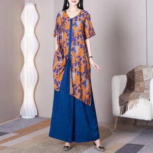 Abstract Doodle Orange Tied Long Tunic with Blue Plalazzo Pant Sets