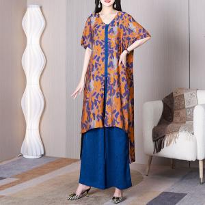 Abstract Doodle Orange Tied Long Tunic with Blue Plalazzo Pant Sets