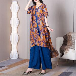 Abstract Doodle Orange Tied Long Tunic with Blue Plalazzo Pant Sets