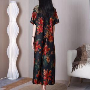 Red Flowers Black Front Knot Dress Silky Kimono Dress