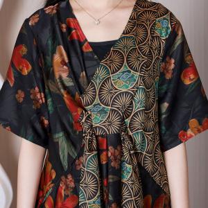 Red Flowers Black Front Knot Dress Silky Kimono Dress