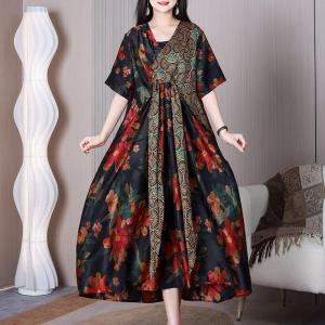 Red Flowers Black Front Knot Dress Silky Kimono Dress