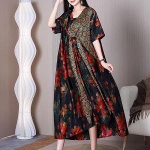 Red Flowers Black Front Knot Dress Silky Kimono Dress