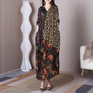 Polka Dots and Flowers Draped Dress Pleated Silk Maxi Dress