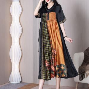 Y-Neck Printed Teacher Dress Pleated Mid-Calf Dress