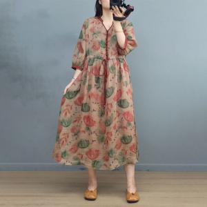 Beach Floral Tied Waist Dress Ramie Y-Neck Travel Muumuu