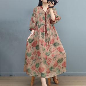 Beach Floral Tied Waist Dress Ramie Y-Neck Travel Muumuu