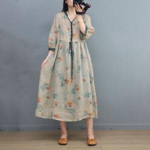 Beach Floral Tied Waist Dress Ramie Y-Neck Travel Muumuu