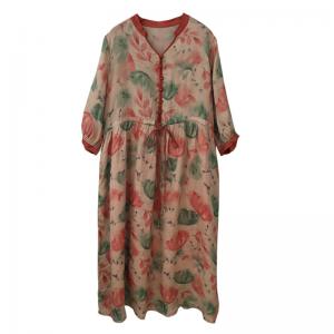 Beach Floral Tied Waist Dress Ramie Y-Neck Travel Muumuu