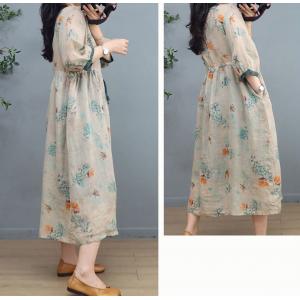 Beach Floral Tied Waist Dress Ramie Y-Neck Travel Muumuu