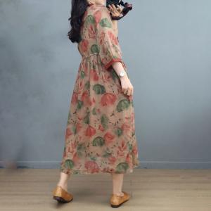 Beach Floral Tied Waist Dress Ramie Y-Neck Travel Muumuu