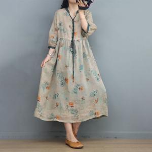 Beach Floral Tied Waist Dress Ramie Y-Neck Travel Muumuu