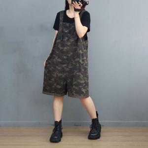 Relax-Fit Camo Overall Shorts Womens Cotton Jean Shorts