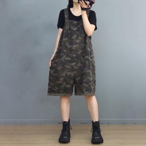 Relax-Fit Camo Overall Shorts Womens Cotton Jean Shorts