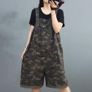 Relax-Fit Camo Overall Shorts Womens Cotton Jean Shorts