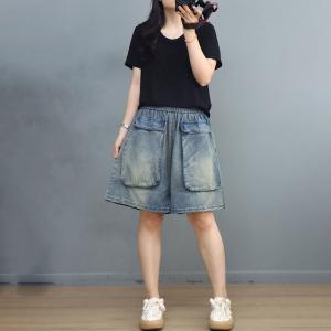 Big Flap Pockets Light Wash Shorts Wide Leg Jorts for Women