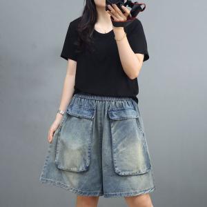 Big Flap Pockets Light Wash Shorts Wide Leg Jorts for Women