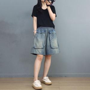 Big Flap Pockets Light Wash Shorts Wide Leg Jorts for Women