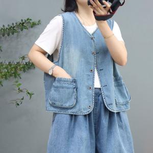 Light Wash Denim Vest Single-Breasted Waistcoat