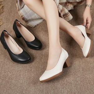 Office Ladies Leather Shallow Heels Pointed Toe Slip-On Shoes