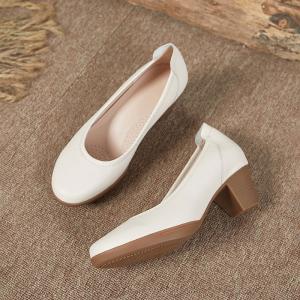 Office Ladies Leather Shallow Heels Pointed Toe Slip-On Shoes