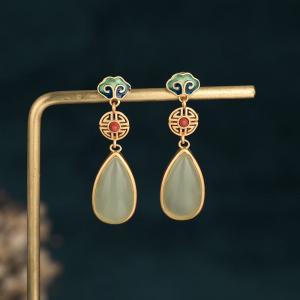 Vintage Synthetic Jade Earrings Enamel Cheongsam Jewelry