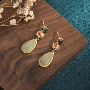 Vintage Synthetic Jade Earrings Enamel Cheongsam Jewelry