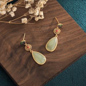 Vintage Synthetic Jade Earrings Enamel Cheongsam Jewelry