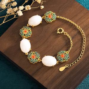 Enamel Flowers Designer Bracelet Synthetic Jade Oriental Bracelet