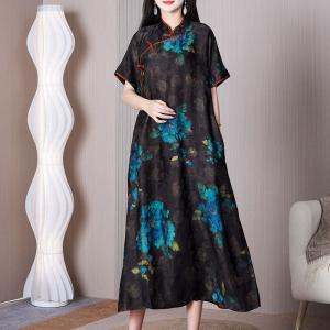 Eastern Style Blue Flowers Qipao Mulberry Silk Black Cheongsam