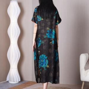 Eastern Style Blue Flowers Qipao Mulberry Silk Black Cheongsam