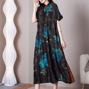 Eastern Style Blue Flowers Qipao Mulberry Silk Black Cheongsam