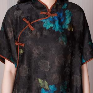 Eastern Style Blue Flowers Qipao Mulberry Silk Black Cheongsam