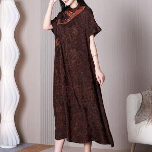 Mandarin Collar Loose Cheongsam  Coffee Eastern Qipao Dress