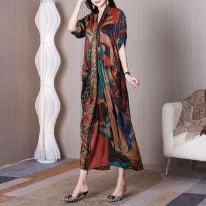 Abstract Patterned Front Cross Dress Silk Maxi Wrap Dress