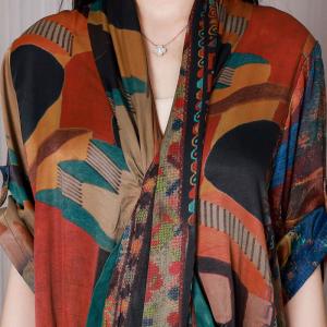 Abstract Patterned Front Cross Dress Silk Maxi Wrap Dress