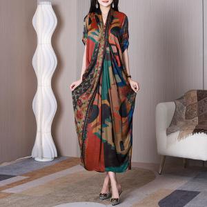 Abstract Patterned Front Cross Dress Silk Maxi Wrap Dress