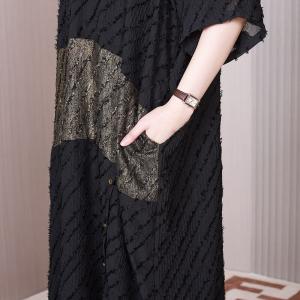 Gold Striped Tassel Black Dress Plus Size Modest Caftan