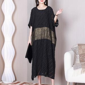 Gold Striped Tassel Black Dress Plus Size Modest Caftan