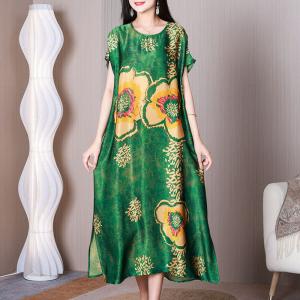 Yellow Flowers Side Slit Dress Silky Tropical Cruise Wear