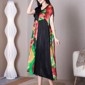 Eye-Catchy Colorful Printed Dress Silk Short Sleeves Midi Dress
